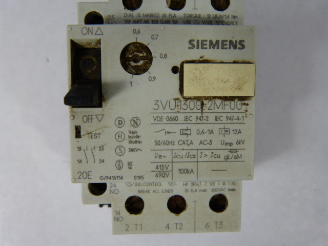 Siemens 3VU1300-2MF00 Starter Motor Protector 0.6-1amp USED