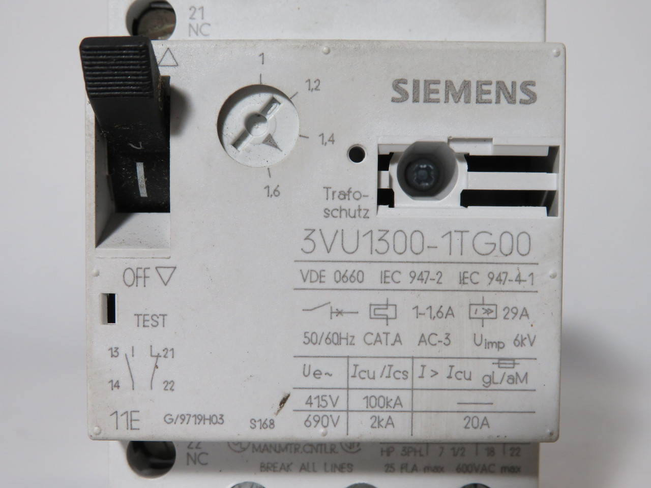 Siemens 3VU1300-1TG00 Starter Motor Protector 1-1.6Amp USED