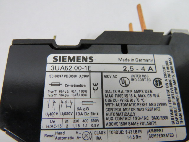Siemens 3UA5200-1E Overload Relay 2.5-4A USED