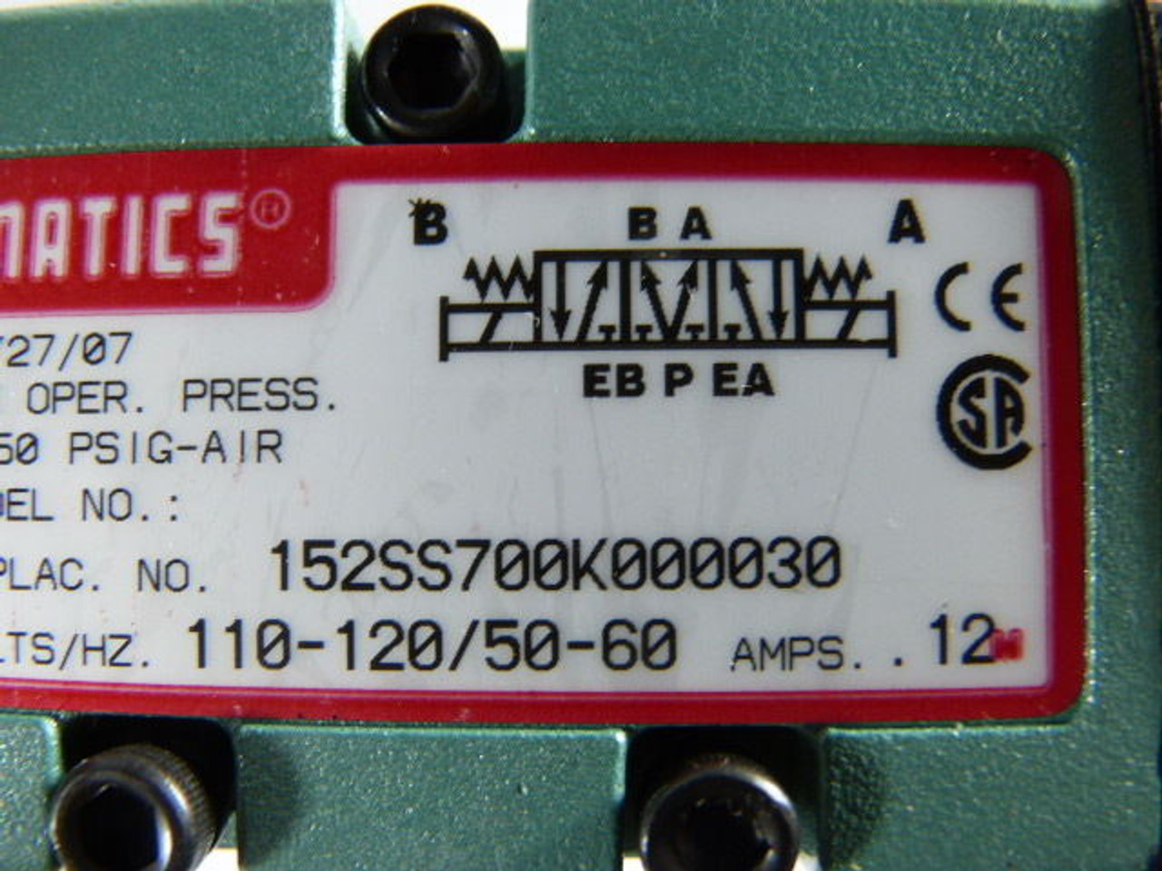 Numatics 152SS700K000030 MK15 3-Position Double Solenoid Valve USED