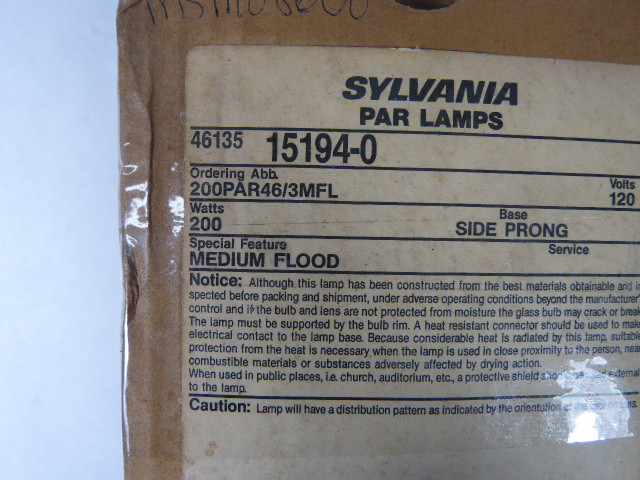 Sylvania 15194-0 Reflector Flood with Side Prong 200W 120V NEW