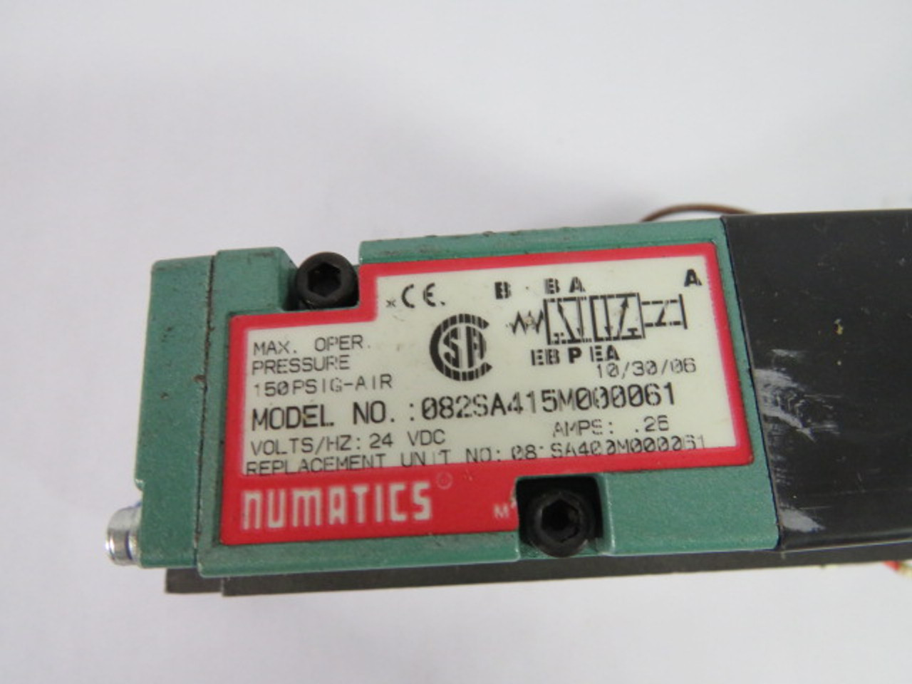 Numatics 082SA415M000061 Solenoid Valve 24VDC .25A 150PSIG USED