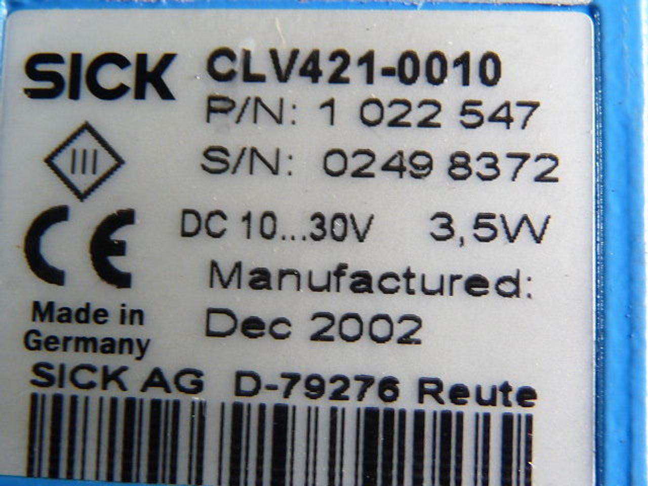 Sick CLV421-0010 1022547 Long Range Barcode Scanner 175-550mm USED
