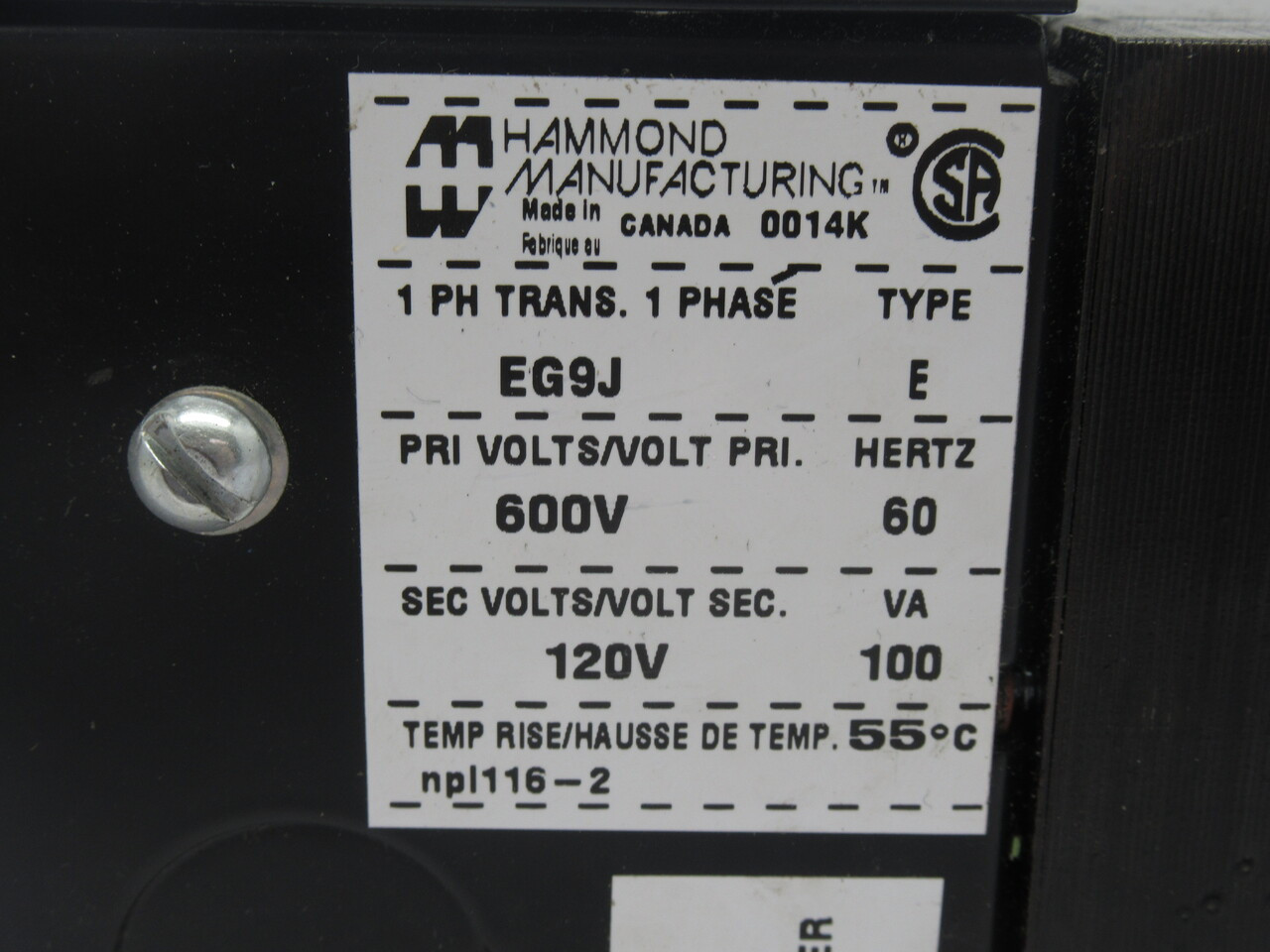 Hammond EG9J Transformer Type E 100VA Pri 600V Sec 120V 60Hz 1Ph USED