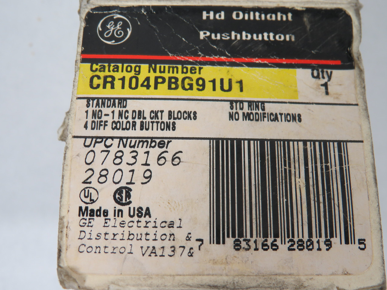 General Electric CR104PBG91U1 Flush Push Button 1NO 1NC Multi-Color BOX DMG NEW