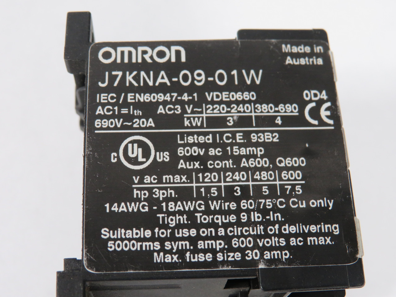 Omron J7KNA-09-01W Mini Contactor 9A 110-115V@50Hz 120-125V@60Hz USED