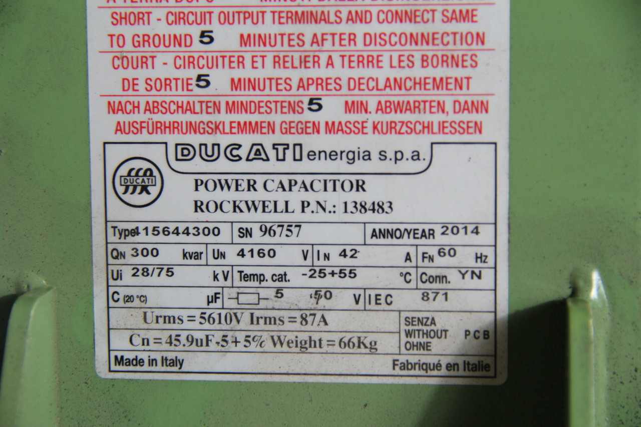 Ducati 115644300 Power Capacitor 300kvar 4160V 42A 60Hz USED