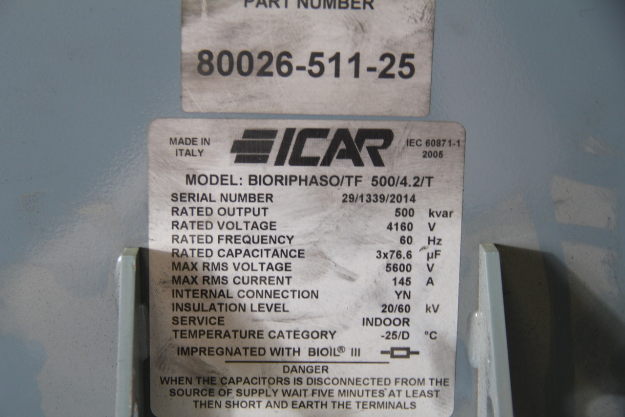 ICAR 500/4.2/T BIORIPHASO/TF Power Capacitor 500 kvar 4160V 145A USED