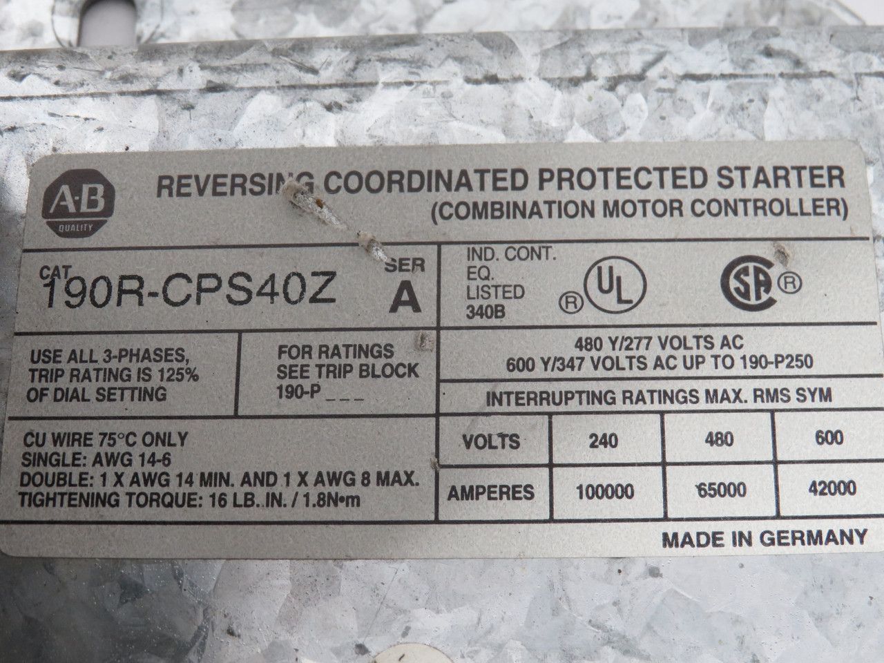 Allen-Bradley 190R-CPS40Z Modular Reversing Starter System 24VDC USED