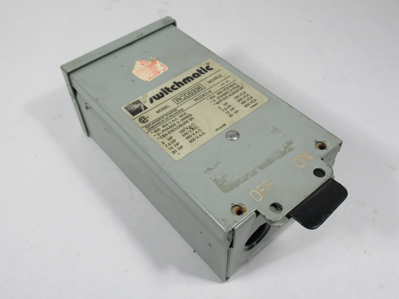 Federal Pioneer RCD5336 Switchmatic Starter Switch 30A 600V 3Ph USED