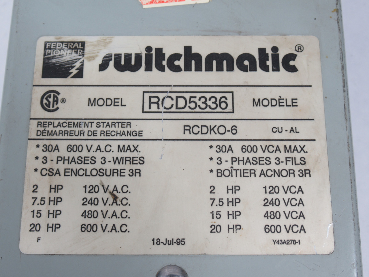 Federal Pioneer RCD5336 Switchmatic Starter Switch 30A 600V 3Ph USED