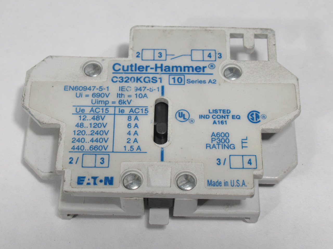 Eaton Cutler-Hammer C320KGS1 Side-Mount Auxiliary Contact 1NO 690V 10A USED