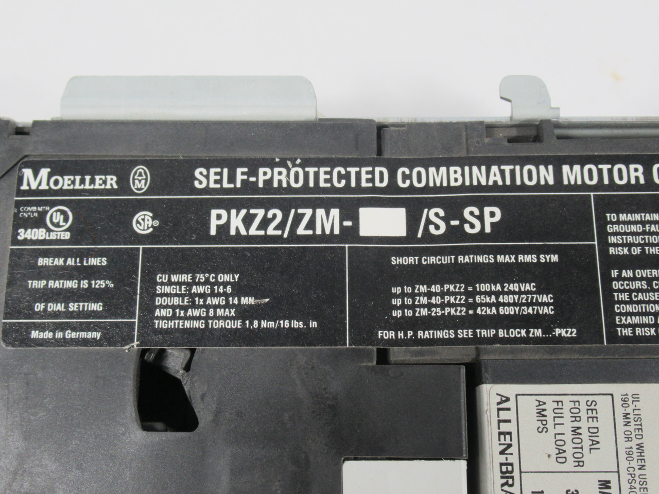 Moeller PKZ2/ZM-2.4/S-SP(24V) Combination Motor Controller 1.6-2.4A 24VDC USED