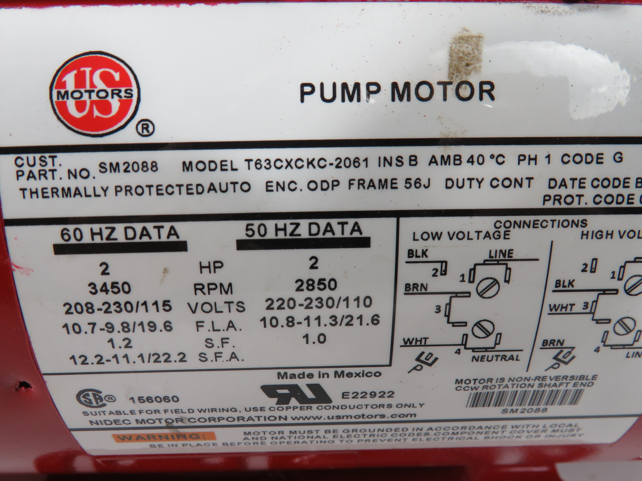 US Motors 2HP 3450RPM 208-230/115V 56J ODP 1Ph 10.7-9.8/19.6 FLA 60Hz NOP