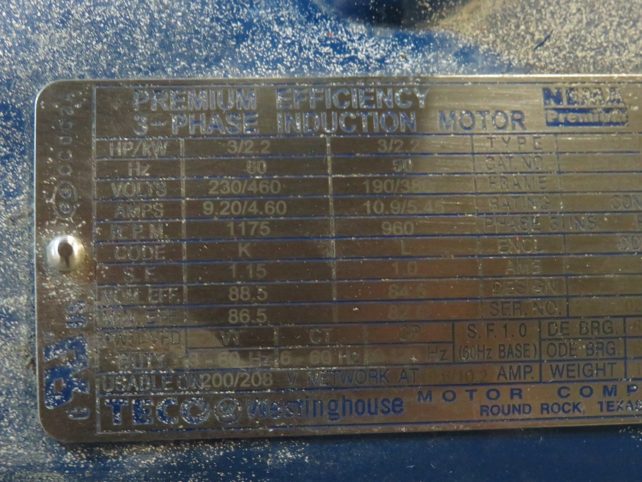Teco Westinghouse 3HP 1175RPM 230/460V 213T ODP 3Ph 9.20/4.60A 50Hz *PAINT* USED