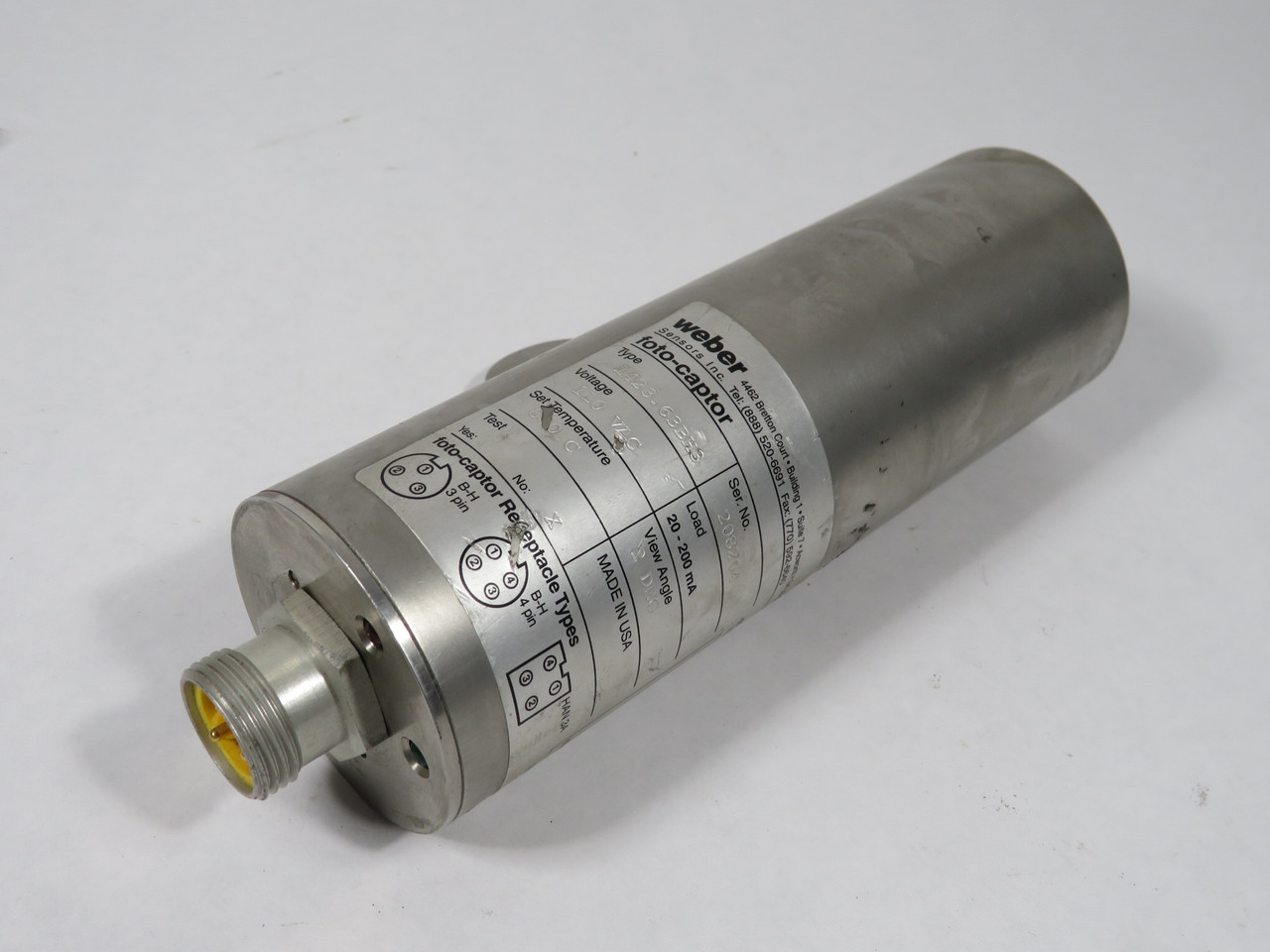 Weber 1423.63BH3 Hot Product Sensor 800 Deg C 110V 20-200mA 2 Deg Angle USED