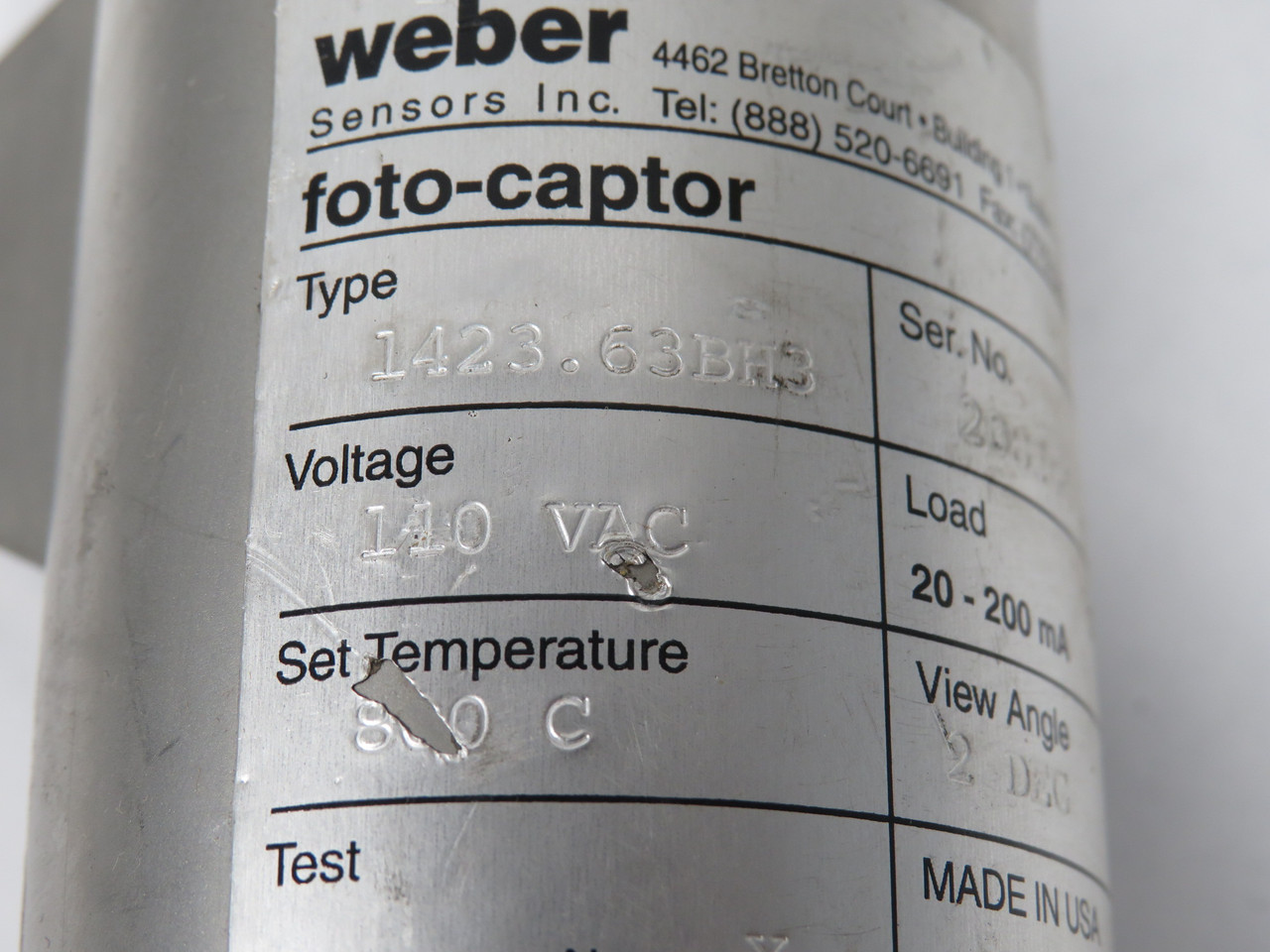 Weber 1423.63BH3 Hot Product Sensor 800 Deg C 110V 20-200mA 2 Deg Angle USED