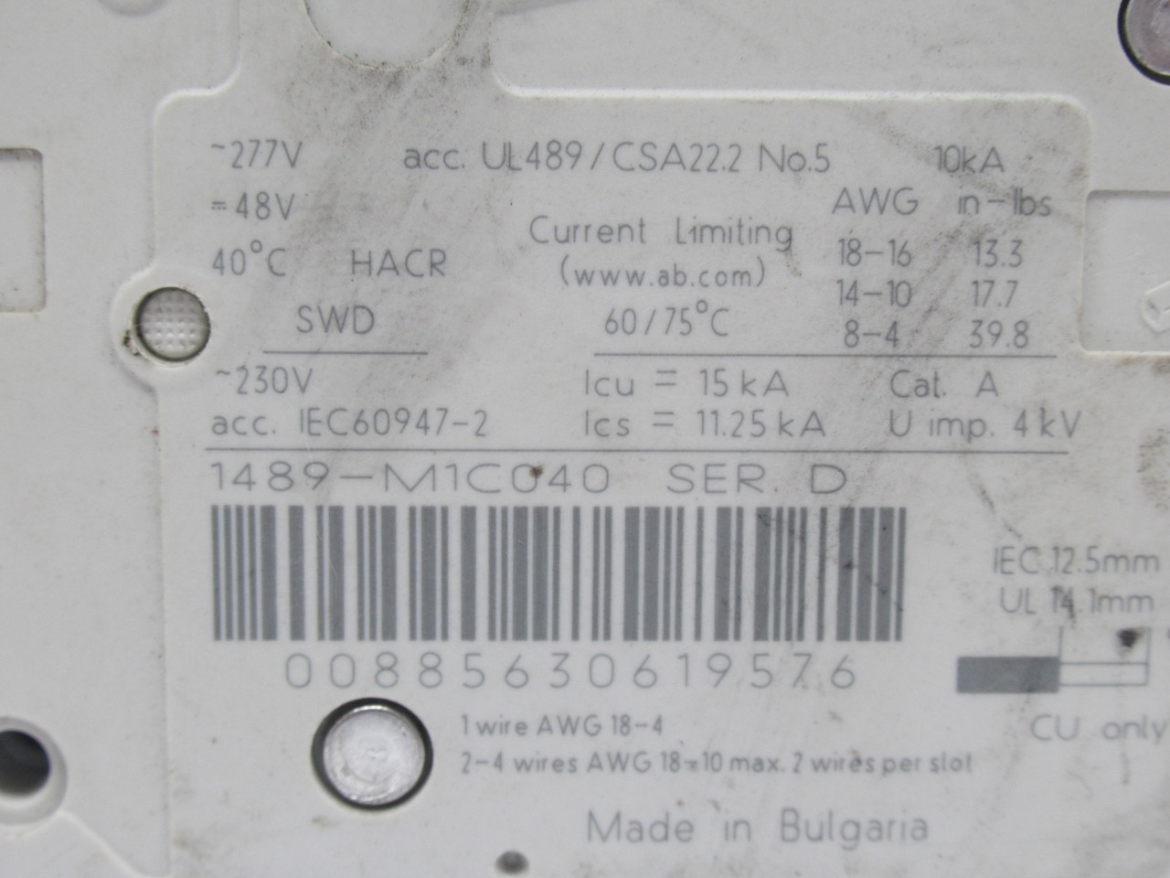 Allen-Bradley 1489-M1C040 Ser. D Circuit Breaker 4A 277V 50/60Hz 1-Pole USED