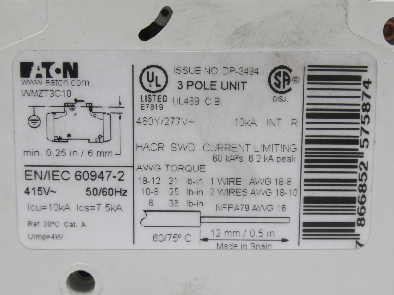 Eaton WMZT3C10 Miniature Circuit Breaker 10A 480/277V 3-Pole USED