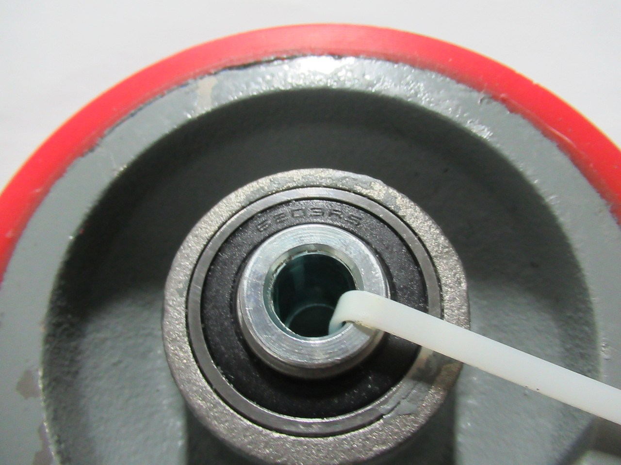 Generic Red Caster Wheel 5" OD 1/2" ID 2" W C/W 6203RS Bearing USED
