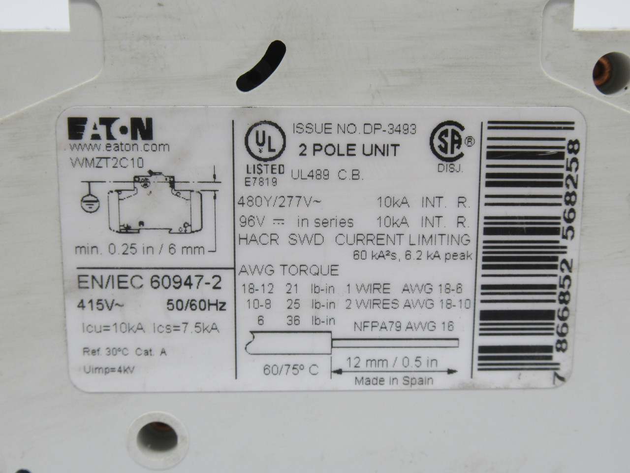 Eaton WMZT2C10 Mini Circuit Breaker 480/277V 10A 2-Pole USED