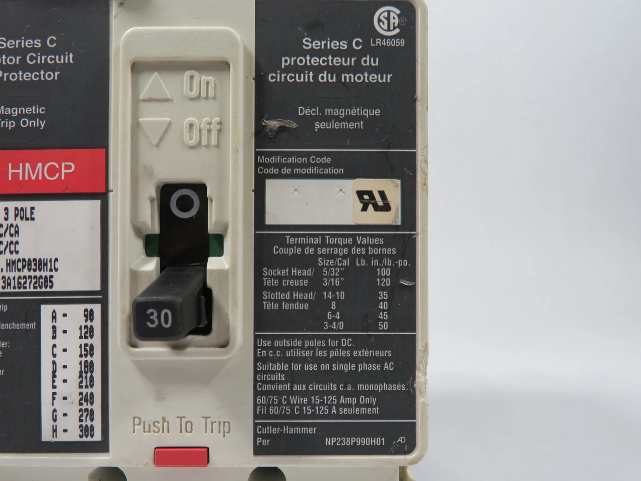 Cutler-Hammer HMCP030H1C Circuit Breaker 3-Pole 30A 600VAC Broken Edge USED