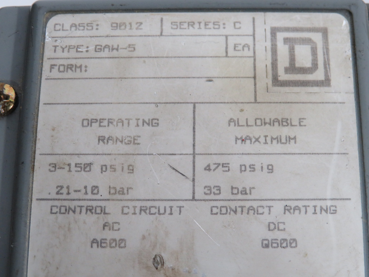 Square D 9012-GAW-5 Ser C Pressure Switch 3-150 psig 474 psig  No Form USED