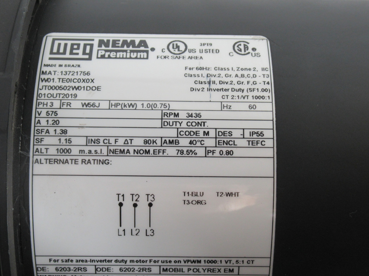 Weg 1HP 3435RPM 575V W56J TEFC 3PH 1.20A 60Hz SHELF WEAR NOP