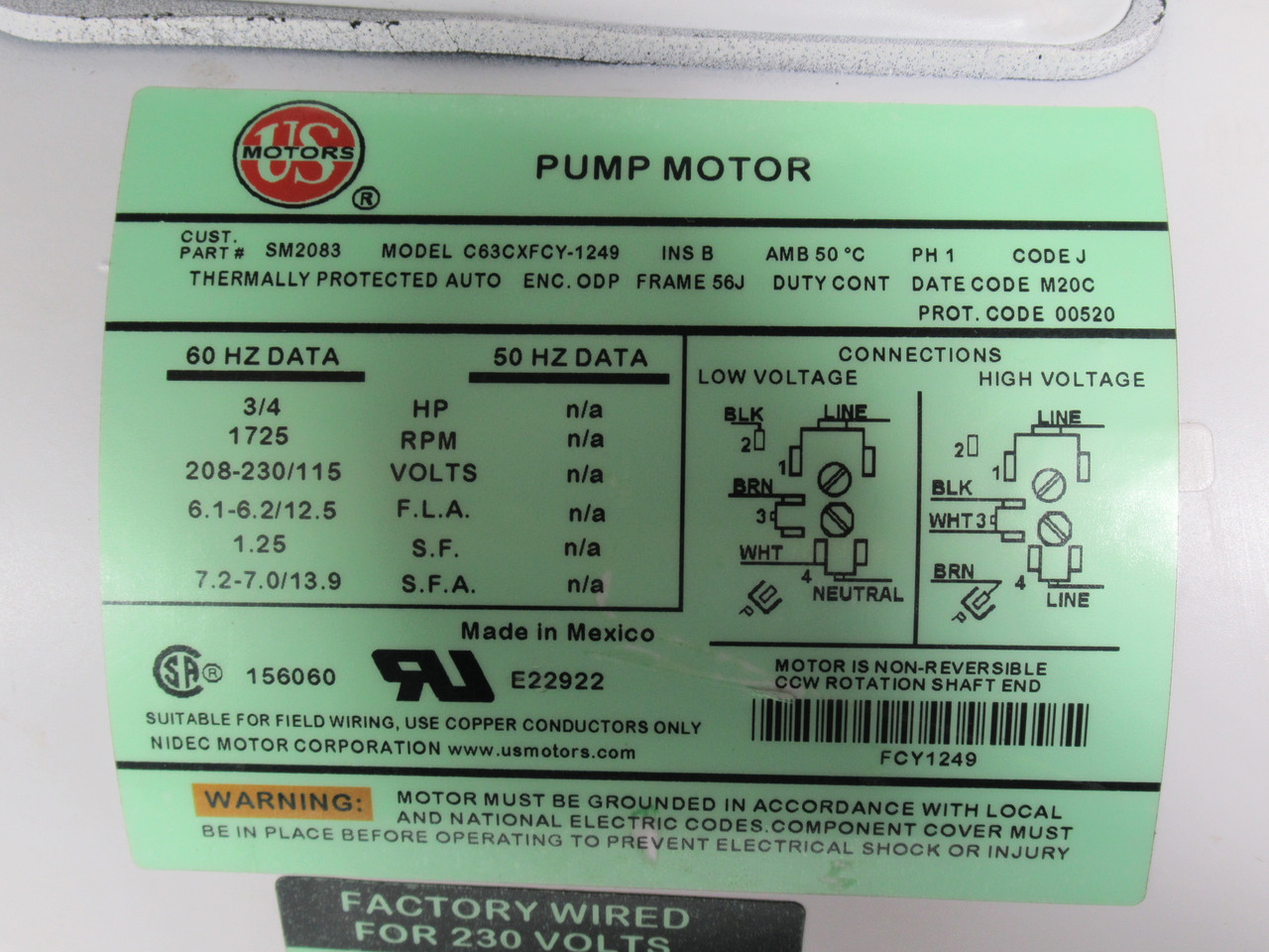 US Motors 3/4HP 1725RPM 208-230/115V 56J ODP 1PH 60Hz SHELF WEAR WHITE NOP