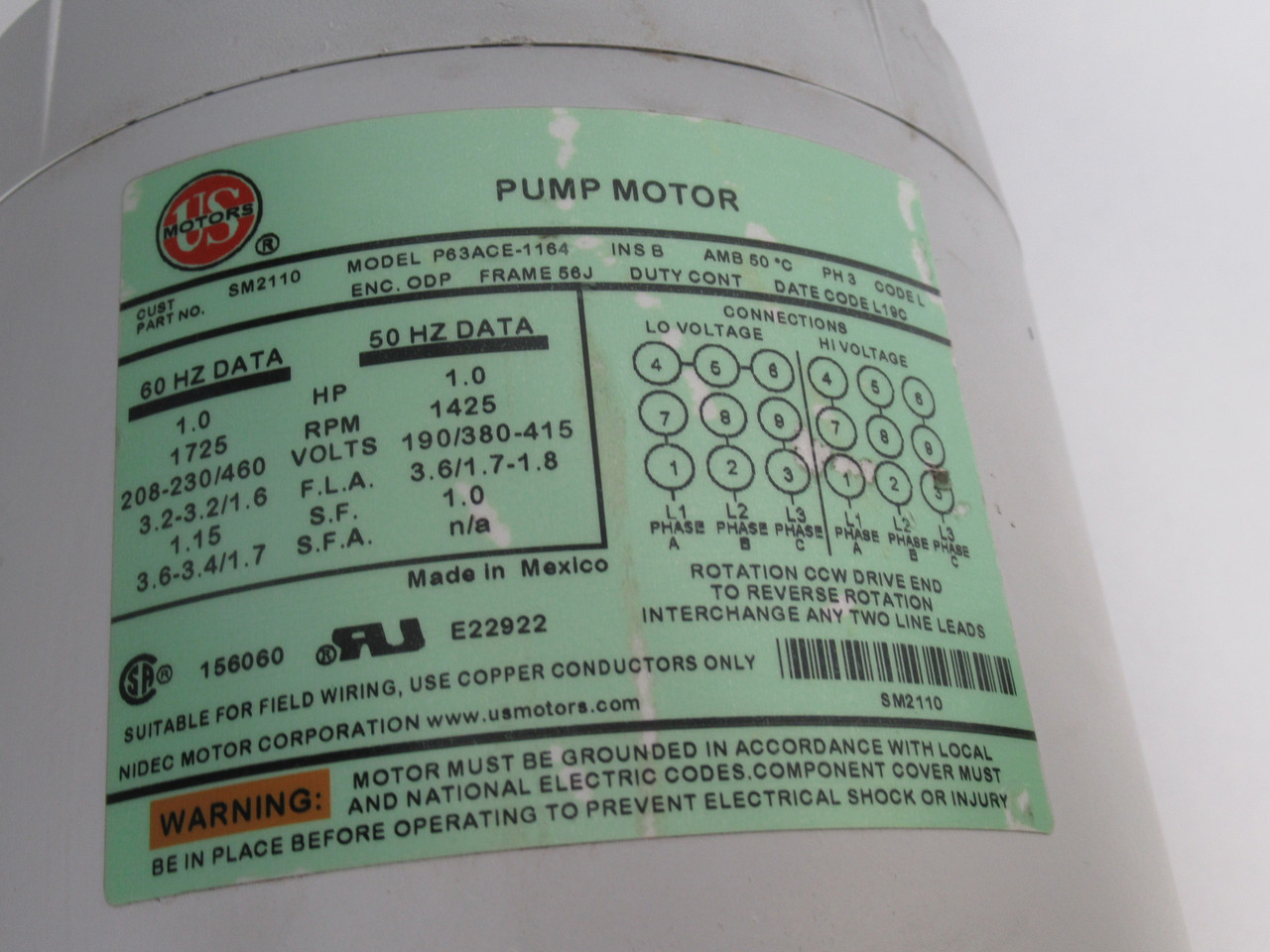 US Motors 1.0HP 1725RPM 208-230/460V 56J ODP 3PH 60Hz SHELF WEAR NOP