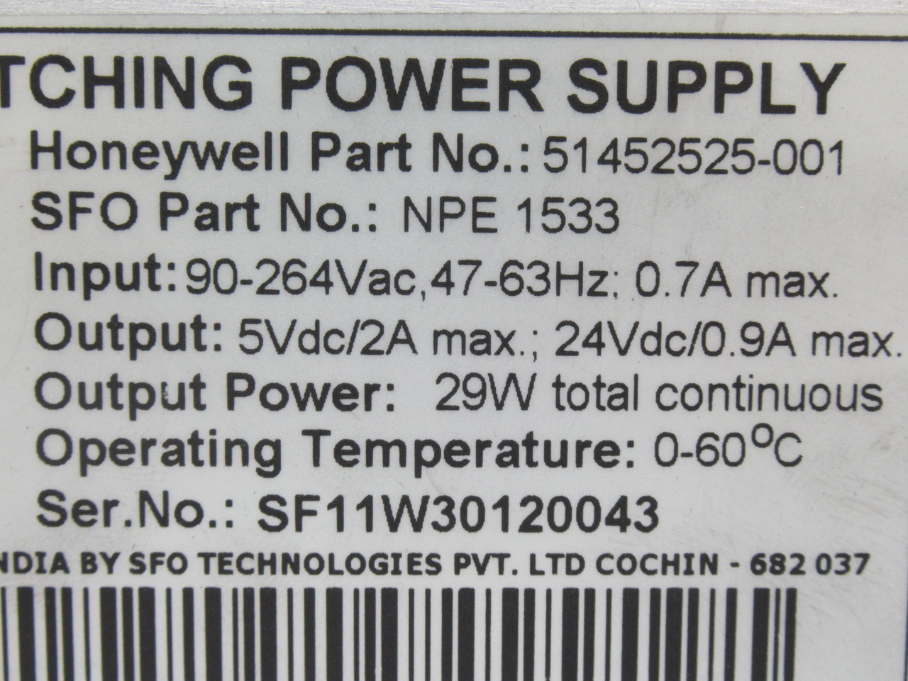 Honeywell 900P02-0001 Switching Power Supply 5VDC@2A 24VDC@0.9A USED