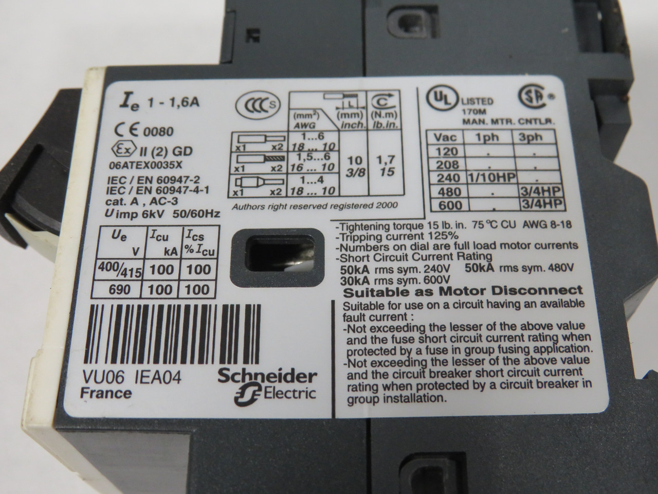 Telemecanique GV2ME06 Manual Starter 1-1.6A 600V USED