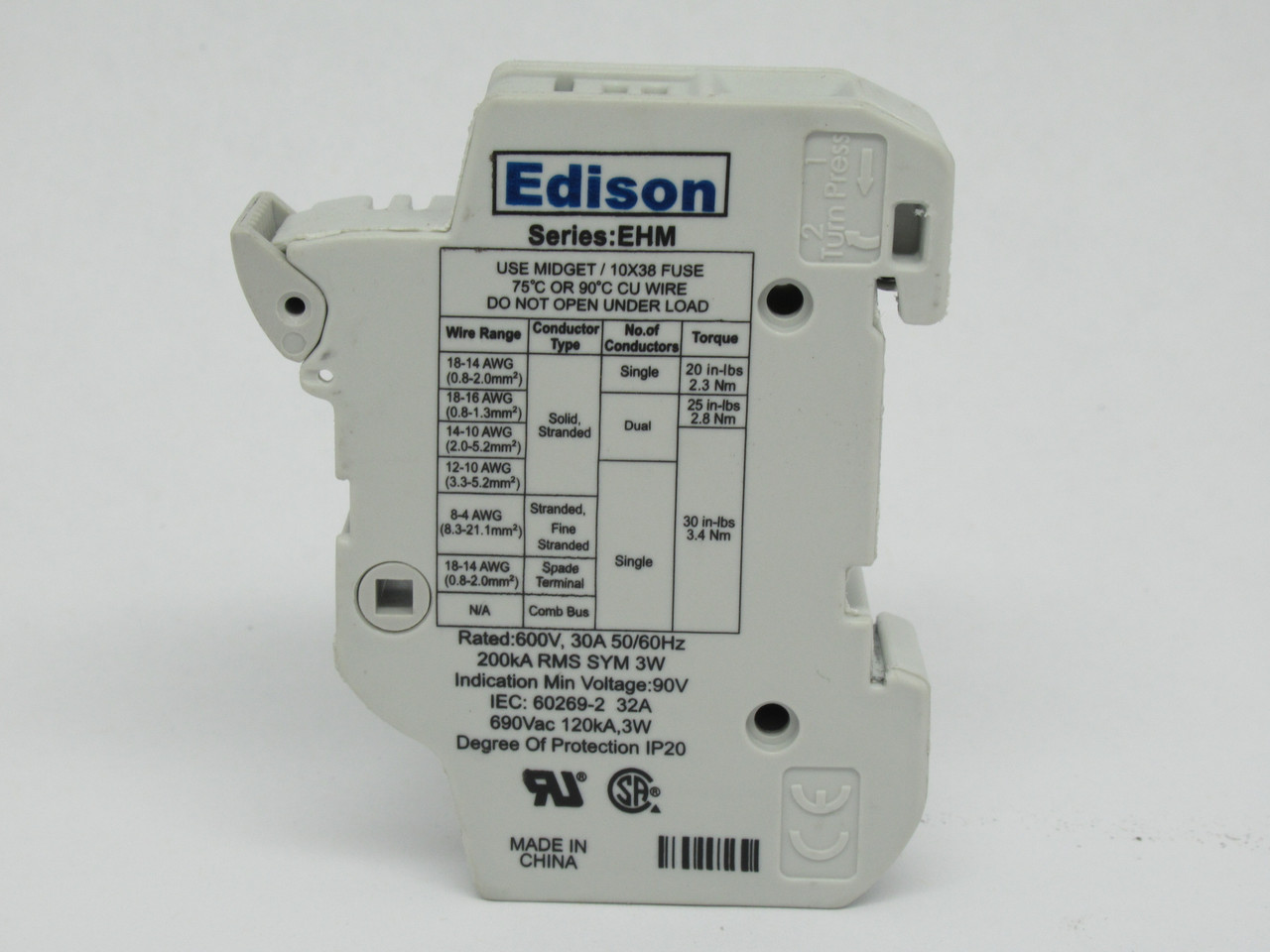 Edison EHM1DU Fuse Holder 1-Pole 690V@32A 600V@30A USED