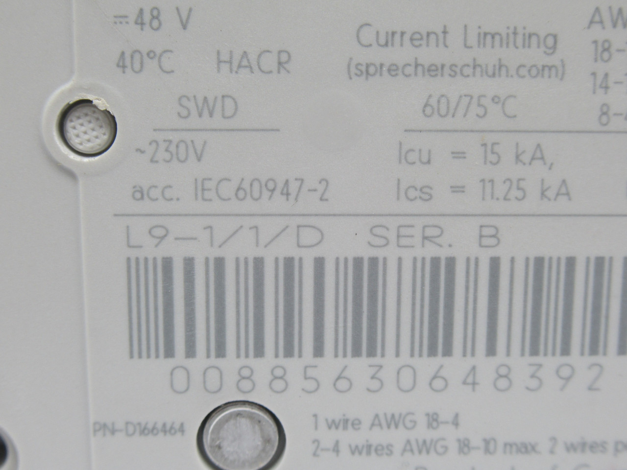 Sprecher + Schuh L9-1/1/D Circuit Breaker Ser. B 1A 277V 1-Pole 50/60Hz USED