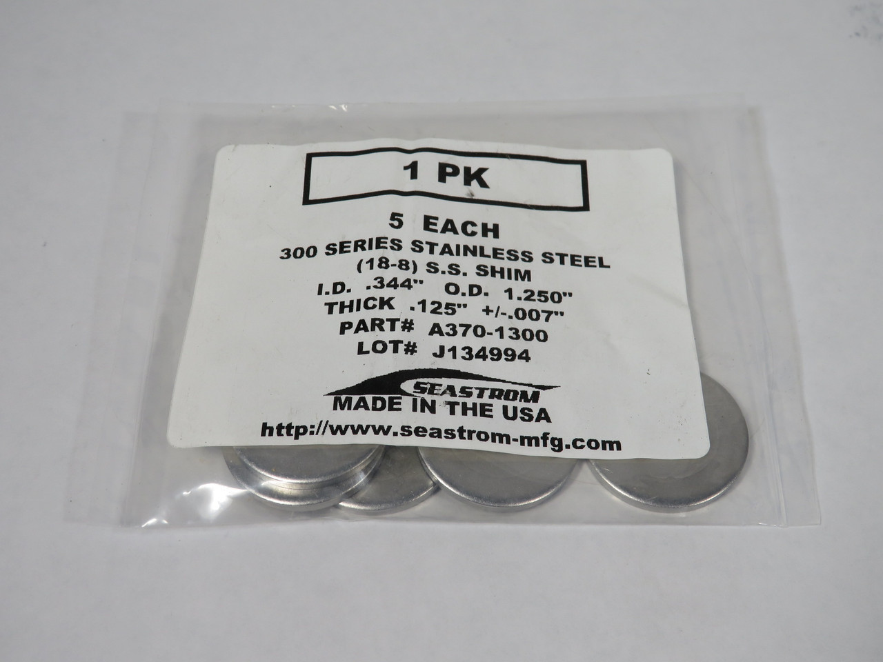 Seastrom A370-1300 Stainless Steel Washer .344" ID 1.250" OD .125" T 5-Pack NWB
