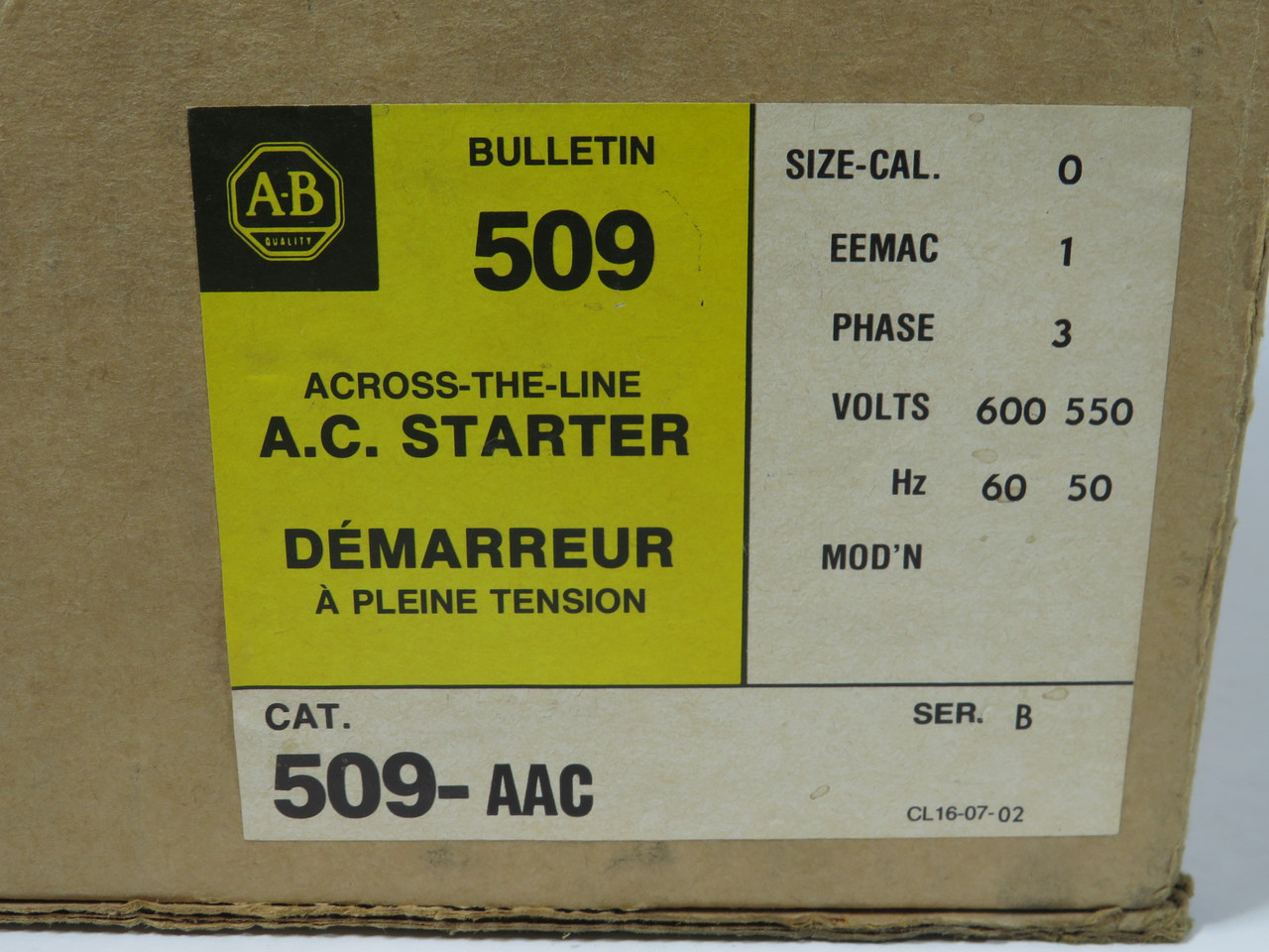 Allen-Bradley 509-AAC Non Reversing Starter Size 0 Type 1 550/660V 50/60Hz NEW