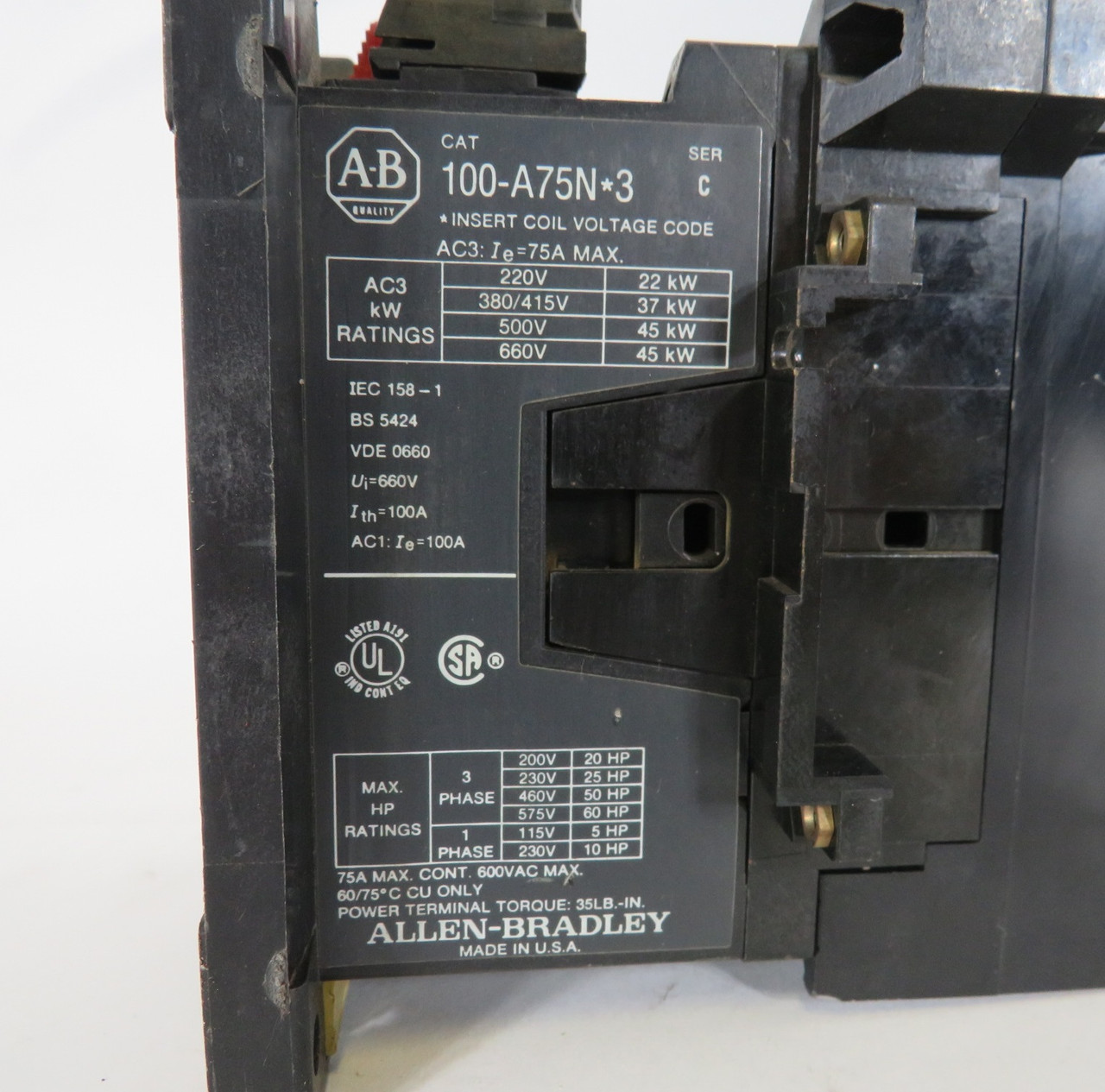 Allen-Bradley 100-A75ND3 Old Style Contactor 120V 60Hz 110V 50Hz COS WEAR USED