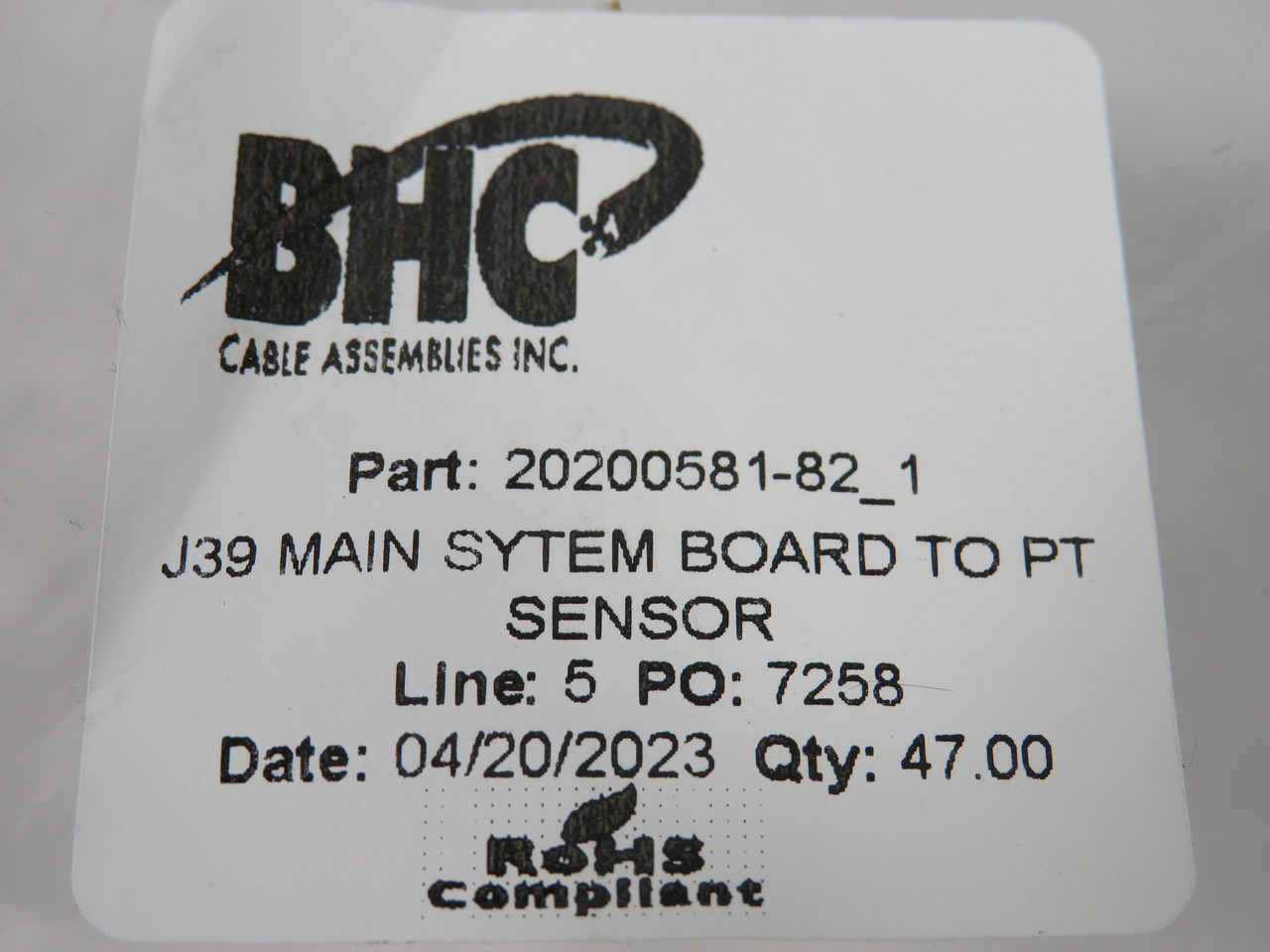 BHC 20200581-82_1 J39 Main System Board to PT Sensor 30" L Lot of 34 NWB