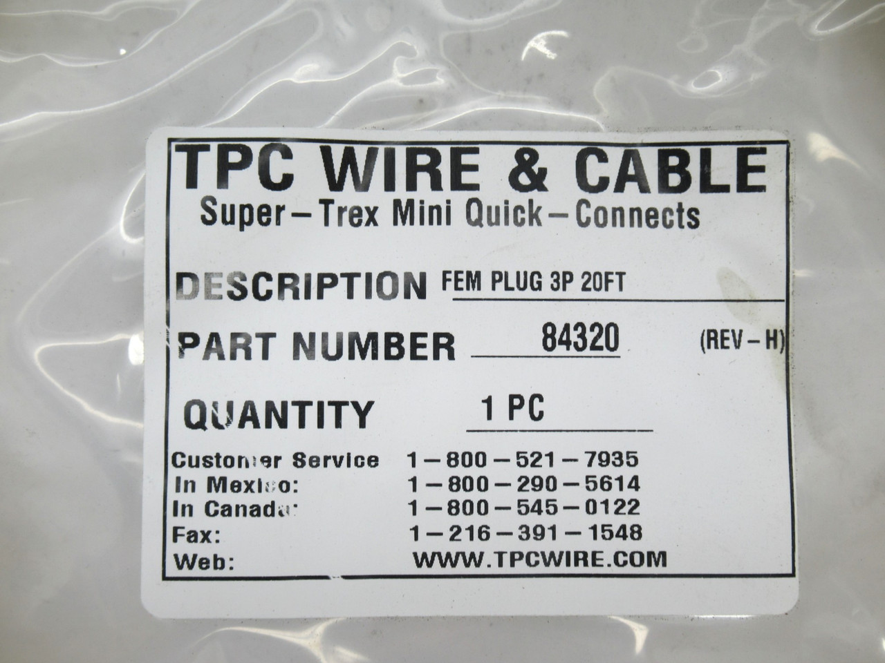 TPC 84320 Connector Cable Female Plug 3Pos 600V 20Ft NWB