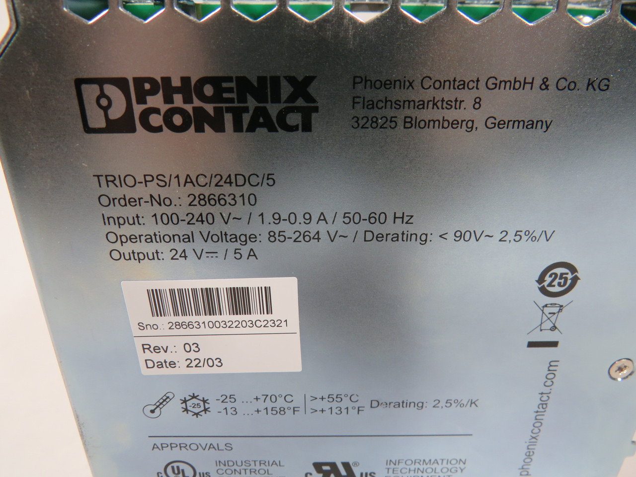 Phoenix Contact TRIO-PS/1AC/24DC/5 Power Supply Unit 24VDC 5A USED
