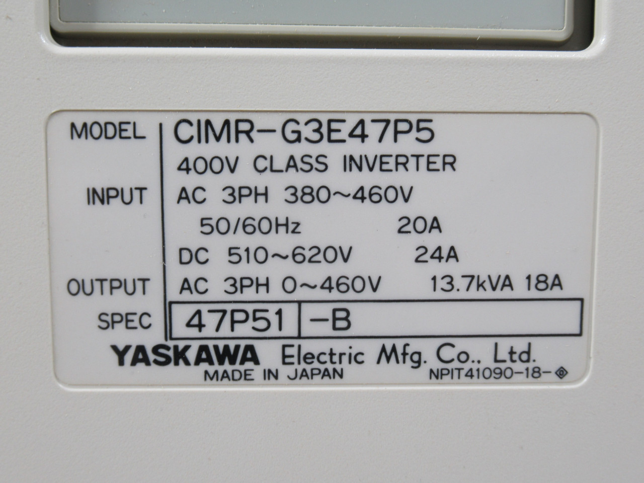 Yaskawa CIMR-G3E47P5 Varispeed Inverter 0-460VAC 13.7kVA 18A 3ph USED