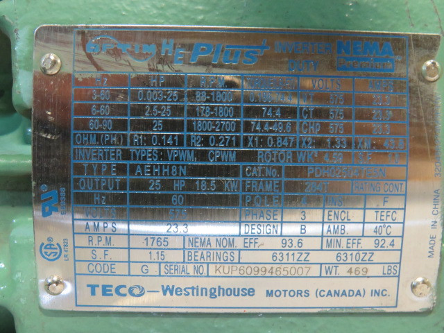 Teco PDH02504TE5N Electric Motor W/ Gear Reducer 25Hp 1765Rpm 575V 284T USED