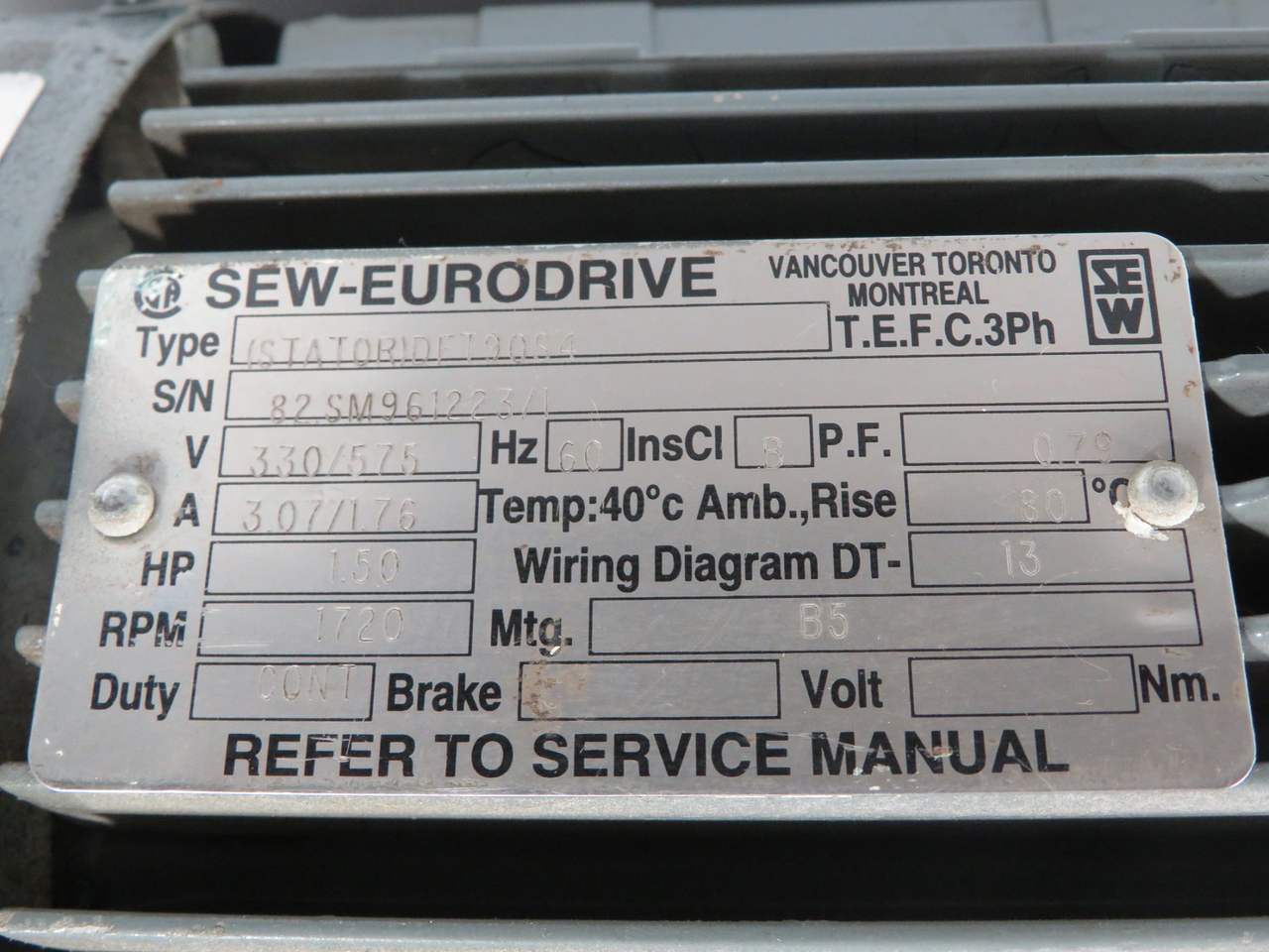 Sew-Eurodrive 1.50HP 1720RPM 330/575V TEFC 3Ph C/W Reducer 17.45:1 Ratio USED