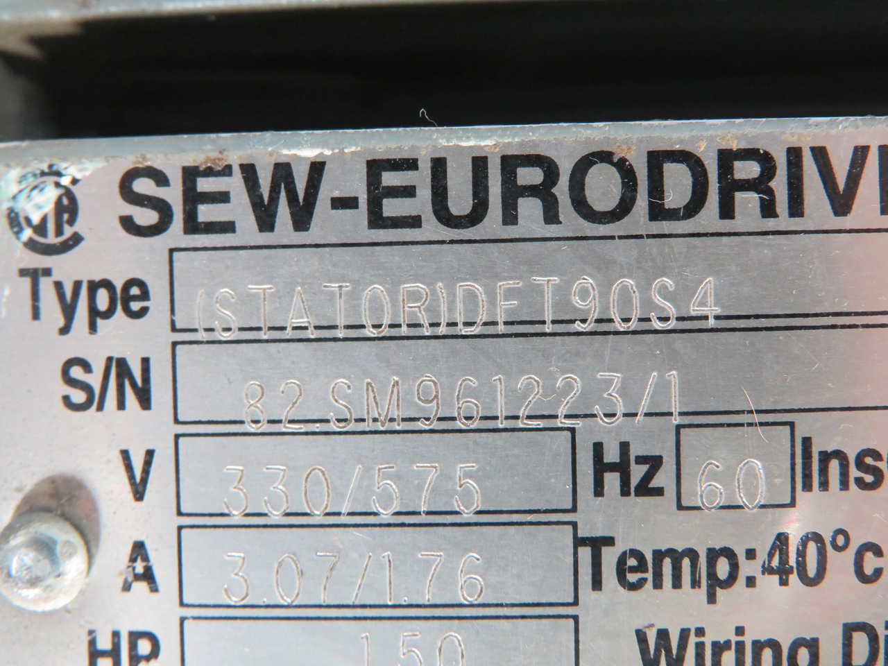 Sew-Eurodrive 1.50HP 1720RPM 330/575V TEFC 3Ph C/W Reducer 17.45:1 Ratio USED