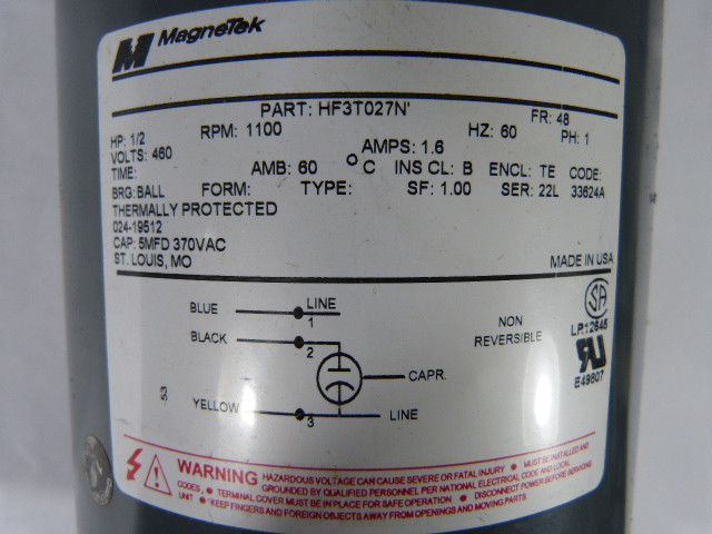 Magnetek 1/2HP 1100RPM 460V 48 TE 1Ph 1.6A 60Hz USED