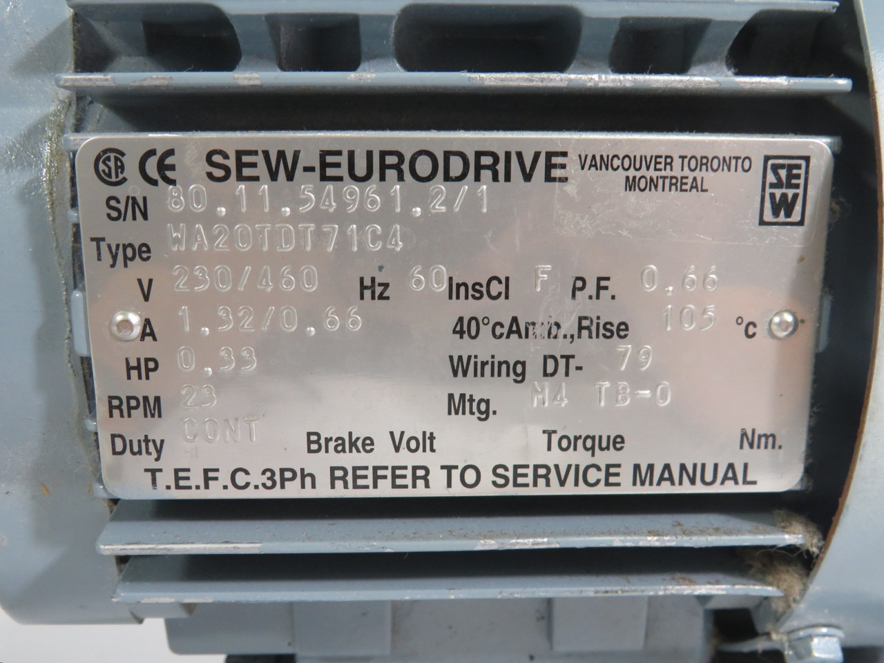 Sew-Eurodrive WA20TDT71C4 0.33HP 23RPM 230/460V 1.32/0.66A 60HZ TEFC 3Ph USED