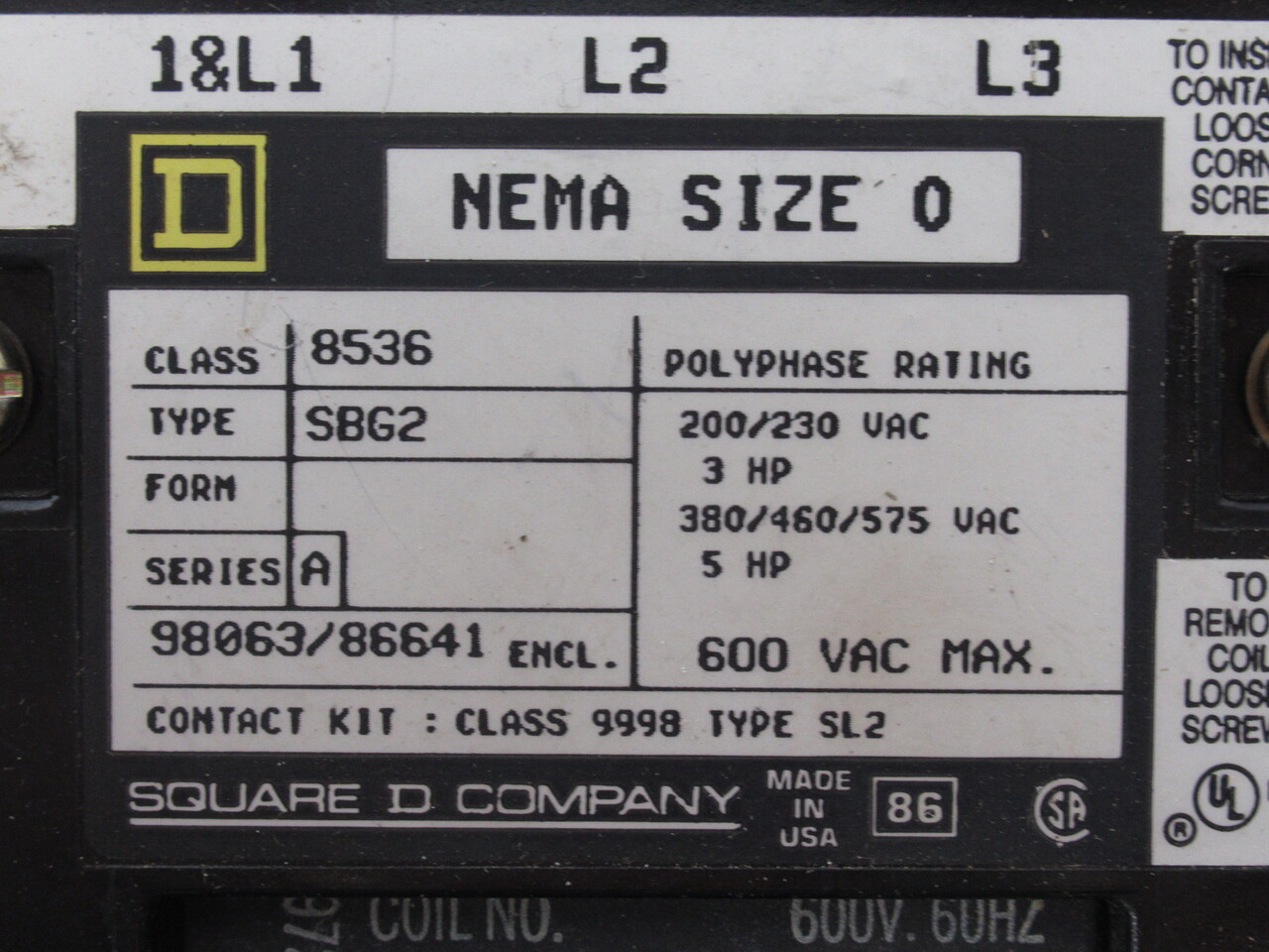 Square D 8536-SBG2-V07 Motor Starter Ser. A 550V@50Hz 600V@60Hz USED