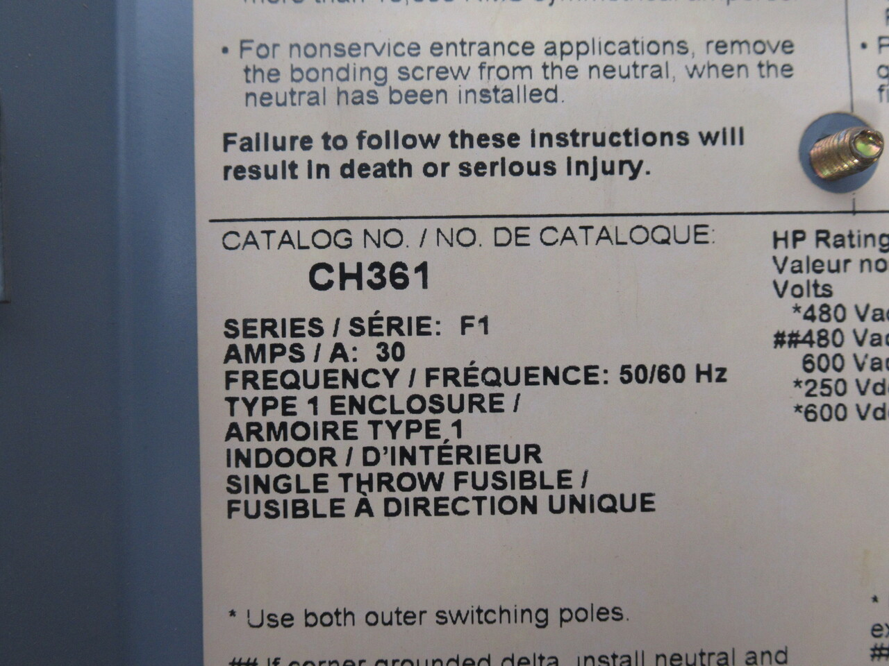 Square D CH361 Series F1 Enclosed Disconnect Switch Fusible 30A *STAINED* USED