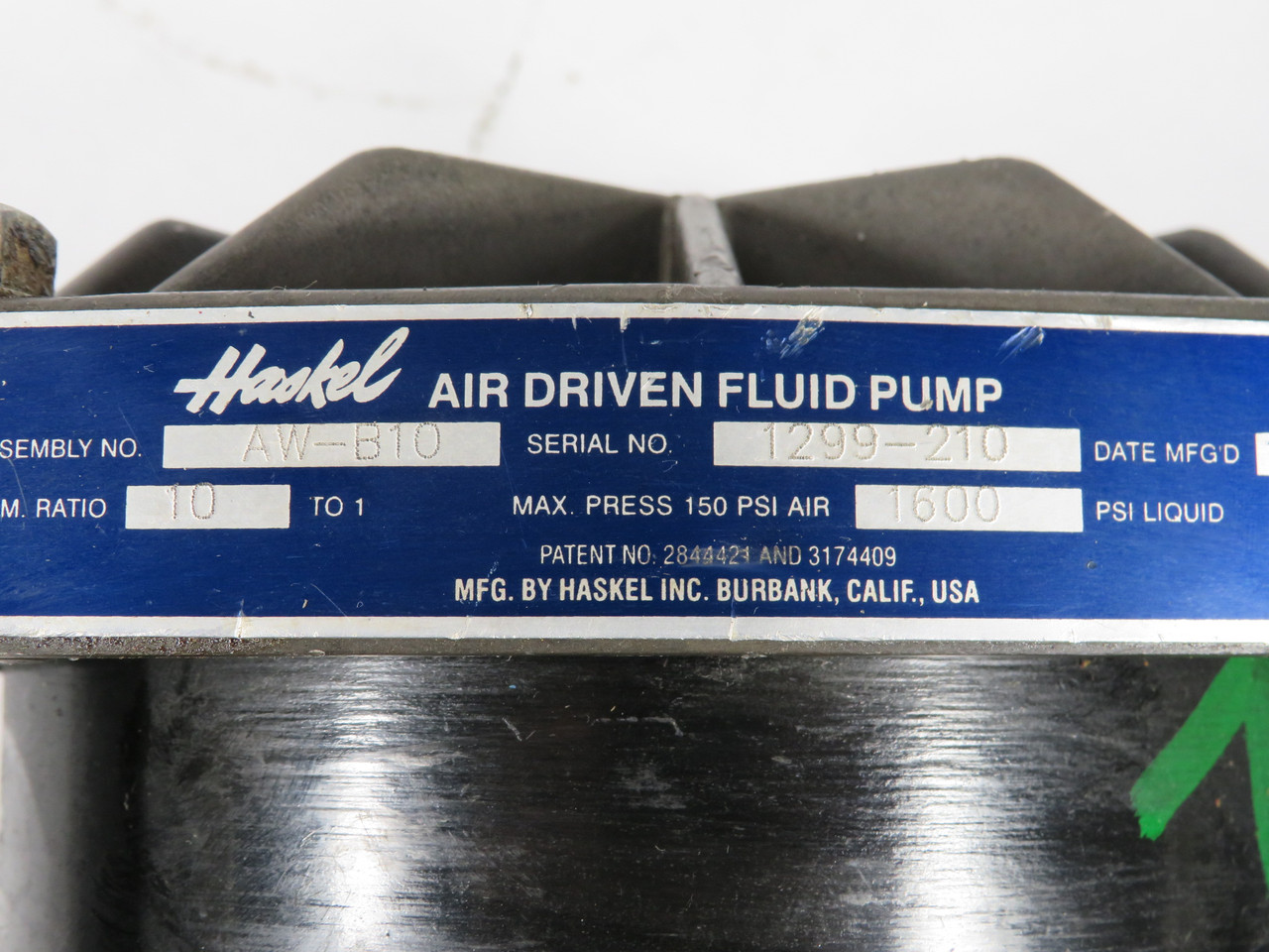 Haskel AW-B10 Air-Driven Fluid Pump 10:1 Ratio 1600 psi Liquid w/Mount USED