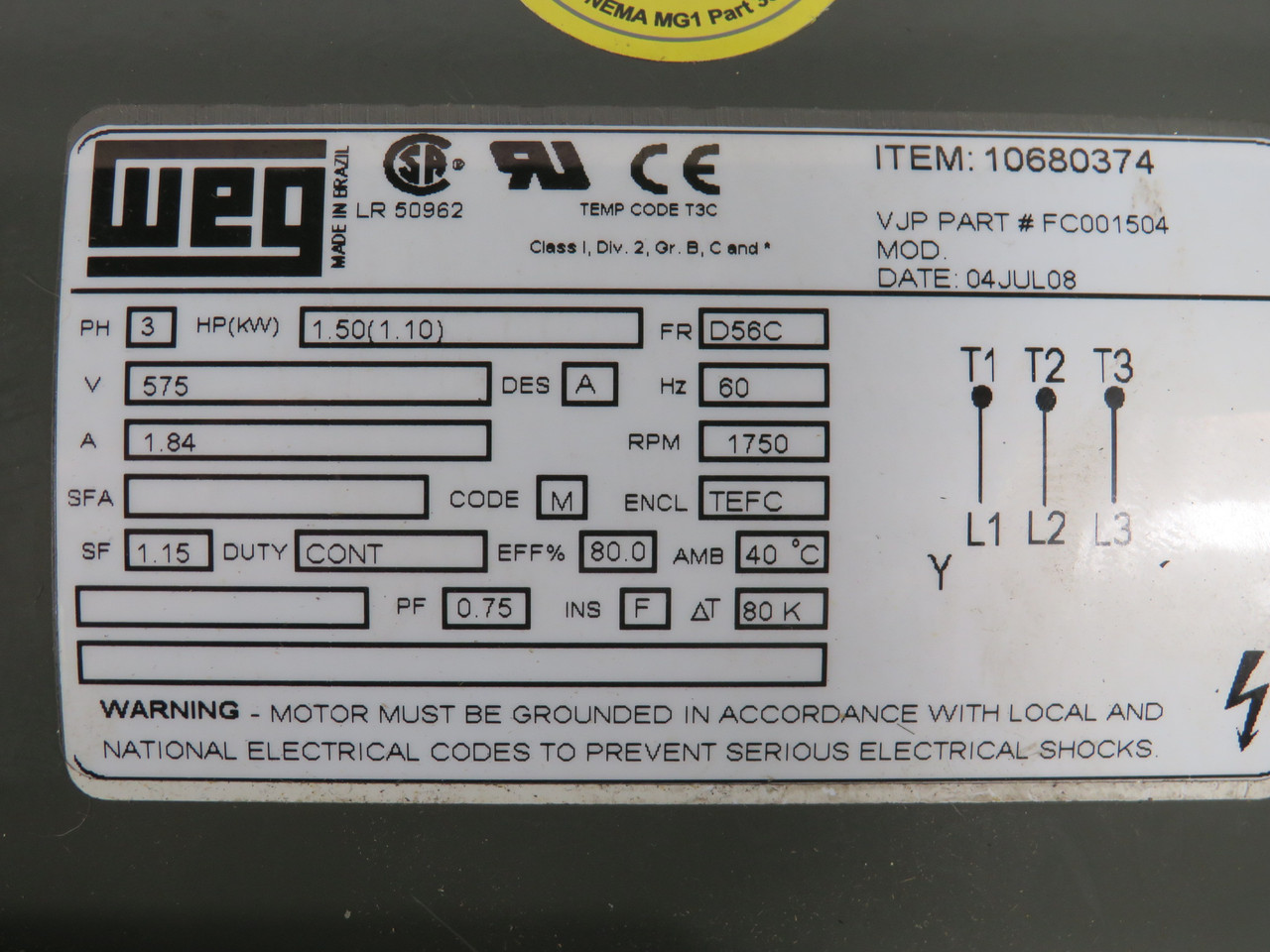 WEG 1.5HP 1750RPM 575V D56C TEFC 3Ph 1.84A 60Hz DENTED FAN COVER RFB